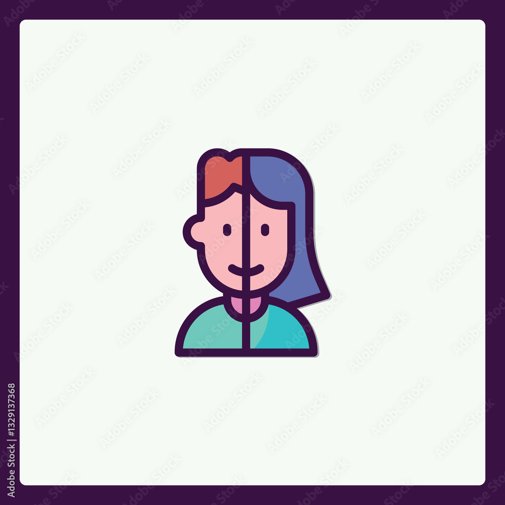 Gender diversity illustration, split face icon representing social harmony Gender diversity illustration, split face icon representing social harmony