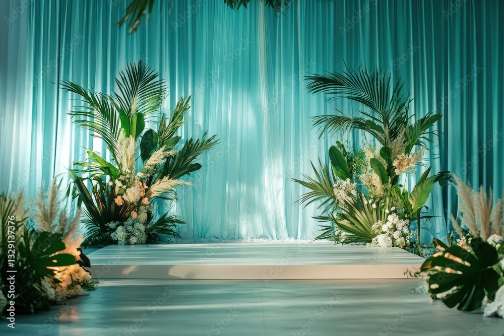 Fototapeta premium Floral and curtain decorated stage scene for special events gatherings