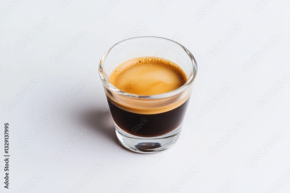 Rich espresso shot in clear glass, showcasing vibrant layers and Rich espresso shot in clear glass, showcasing vibrant layers and