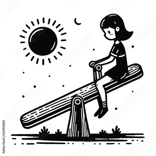 Playground Nostalgia Child on Seesaw Under Sun - Black and White Illustration