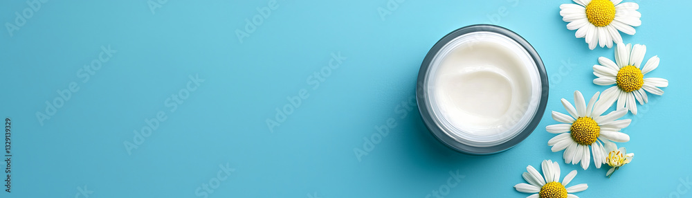 Moisturizer in jar with chamomile flowers on blue background Moisturizer in jar with chamomile flowers on blue background