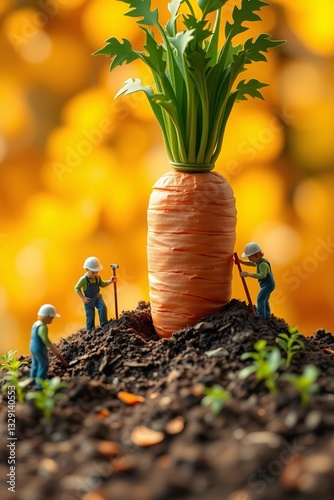 Miniature workers cultivating a giant carrot in a whimsical garden scene