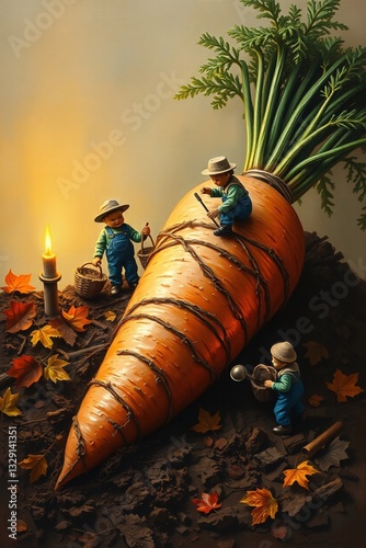 Harvest Celebration: Tiny Farmers and Giant Carrot Under Autumn Light