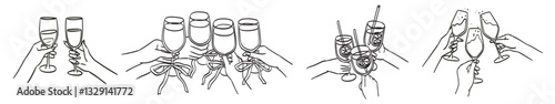 Hands hold glasses of white sparkling or red wine, champagne or cocktail. Cheers vector illustration for greeting card, postcard, placard, invitation, menu design. Line drawing of people celebrating.
