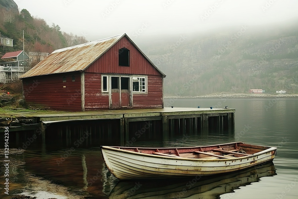 Rustic waterfront cabin on a misty day Rustic waterfront cabin on a misty day