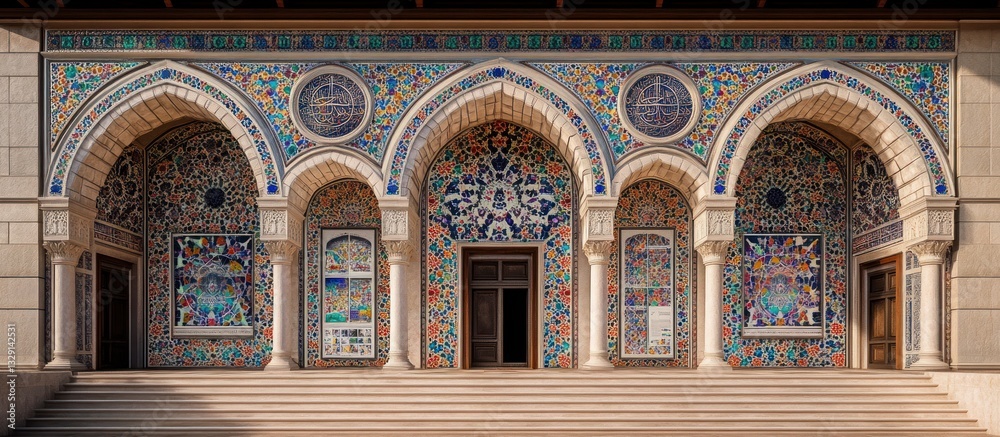 Obraz premium A colorful ornate facade of a building with arched entryways