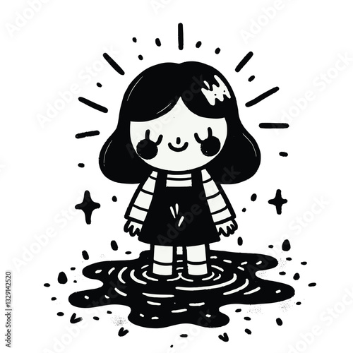 Cute Black and White child girl in Puddle - Charming Line Art Illustration