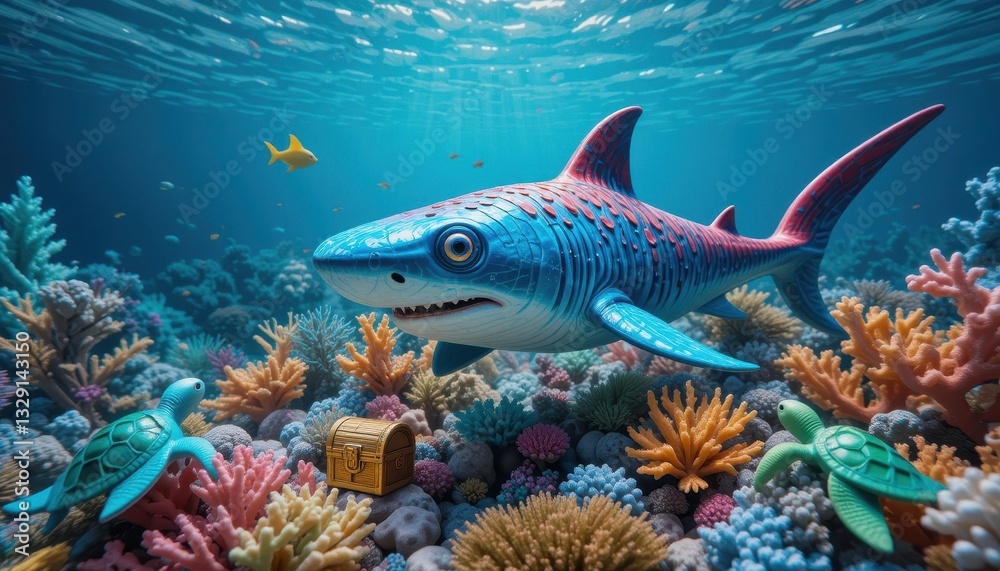 Naklejka premium Colorful Cartoon Shark Swimming near Treasure Chest in Vibrant Coral Reef Ocean Scene