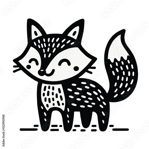 Cute Smiling Fox Whimsical Black and White Animal Line Art Illustration