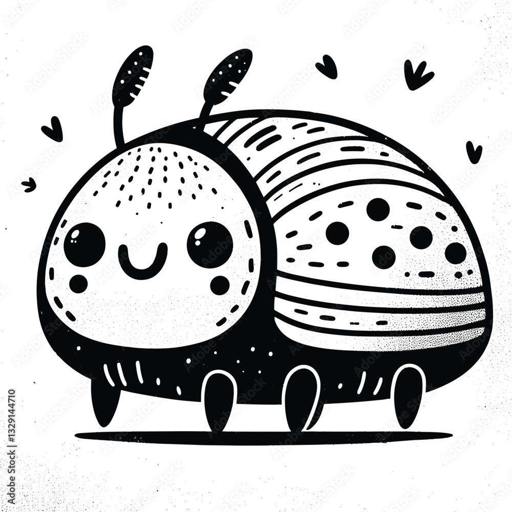 Cute Black and White Ladybug Blackwork Illustration with Heart Accents Cute Black and White Ladybug Blackwork Illustration with Heart Accents