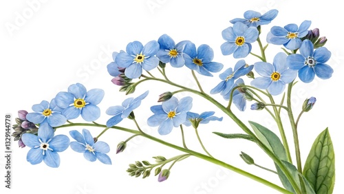 A delicate watercolor illustration of forget-me-not flowers, showcasing soft blue petals and intricate botanical details in an elegant hand-painted floral artwork.