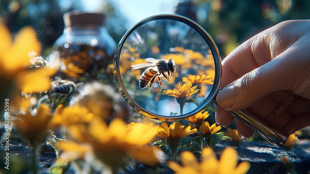 A honeybee magnified while hovering above the yellow flowers A honeybee magnified while hovering above the yellow flowers