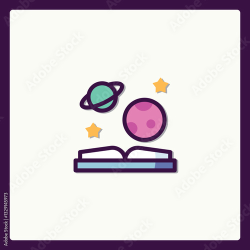 Cosmic learning adventures an open book with planets and stars icon