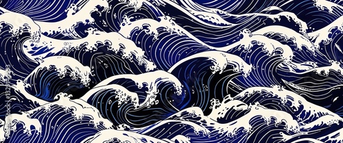 Swirling waves display a rich blue color palette against a dark backdrop, showcasing a seamless pattern ideal for backgrounds, textiles, and creative design projects