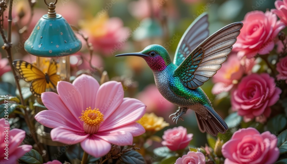 Naklejka premium Vibrant Hummingbird in Bloom A Stunning Jewel toned Bird Amongst Pink Flowers and Butterfly