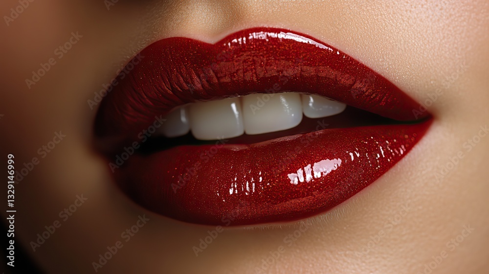 Obraz premium Rich brown and red lipstick on glossy lips gently highlights cosmetic artistry and lip augmentation allure.