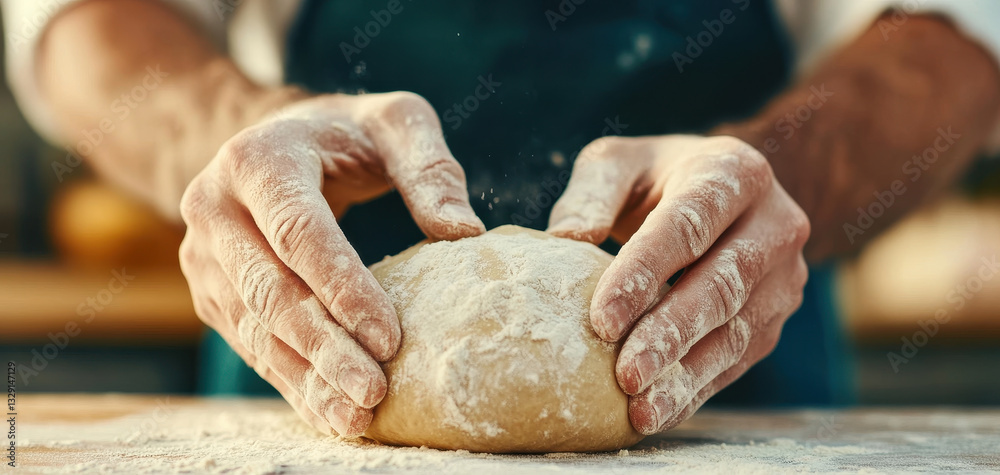 Kneading dough with flour coated hands, baker focuses on creating perfect texture for bread. process is both art and science, showcasing skill and dedication Kneading dough with flour coated hands, baker focuses on creating perfect texture for bread. process is both art and science, showcasing skill and dedication