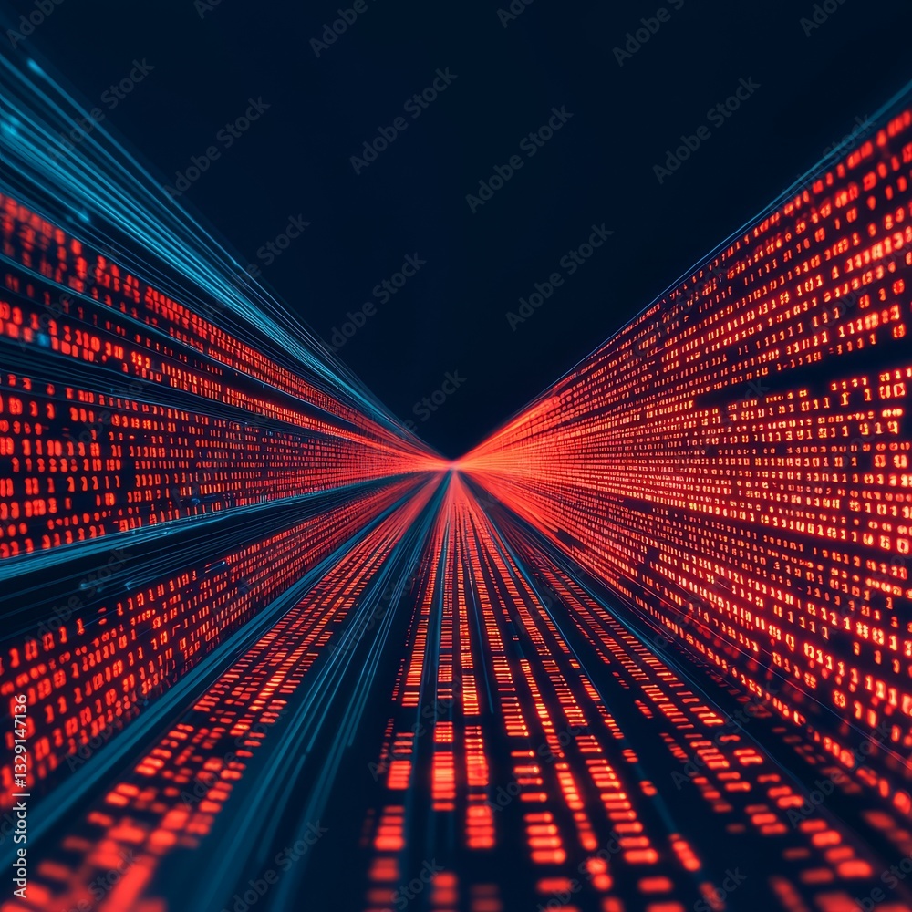 Fototapeta premium Data analytics and machine learning. Vibrant abstract digital landscape with red and blue light patterns.
