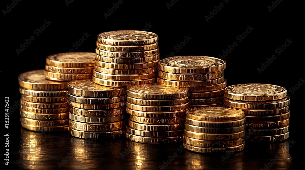 Rising gold arrows above increasing coin stacks symbolize financial success, investment progress, and economic growth. Rising gold arrows above increasing coin stacks symbolize financial success, investment progress, and economic growth.
