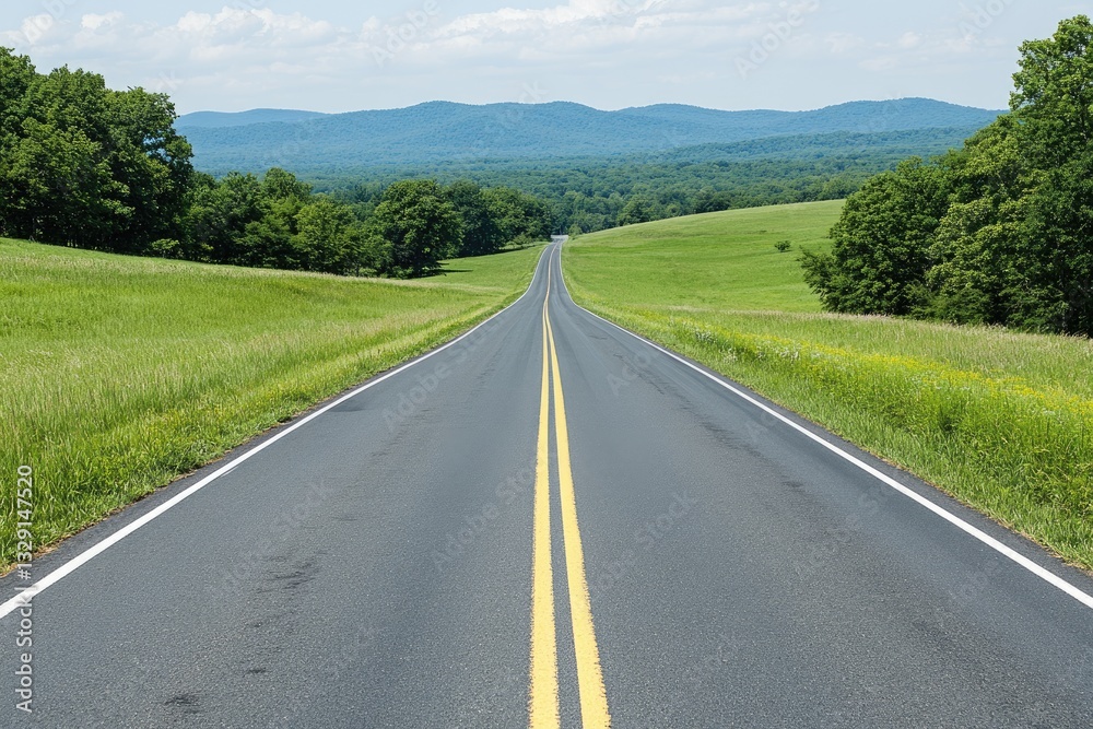 Empty road stretching into the distance, through a grassy landscape Empty road stretching into the distance, through a grassy landscape