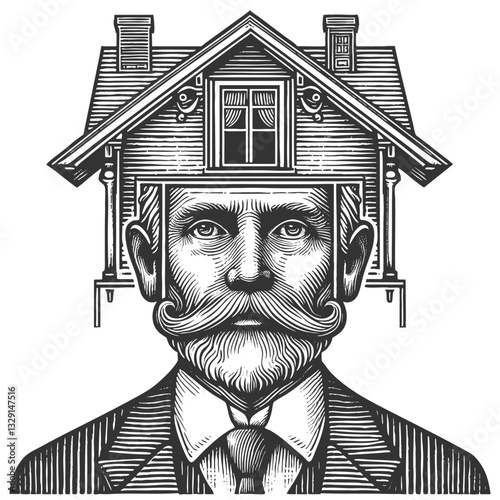 thoughtful man in a suit with a house replacing the top of his head, symbolizing home and mind connection sketch engraving generative ai raster illustration. Scratch board. Black and white image.