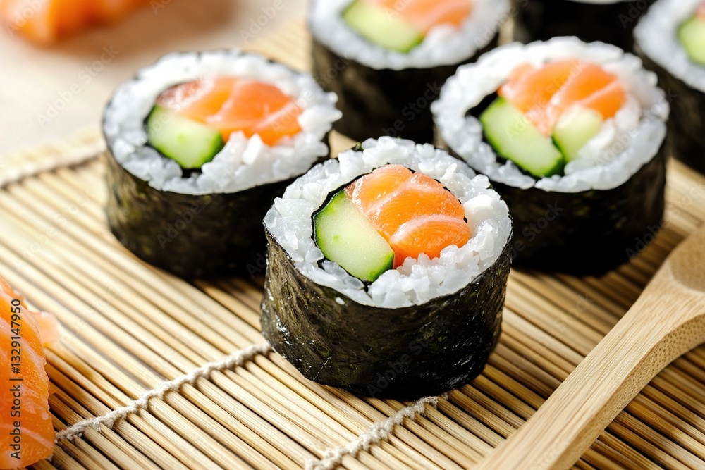 Delicious Salmon and Cucumber Sushi Rolls: A Culinary Delight on a Bamboo Mat Delicious Salmon and Cucumber Sushi Rolls: A Culinary Delight on a Bamboo Mat