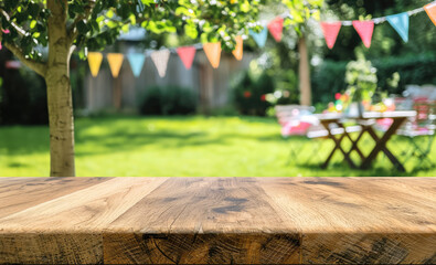 empty tabletop in home backyard garden background, dais podium counter product display pedestal platform for: picnic event grilling party festive children birthday celebration concept