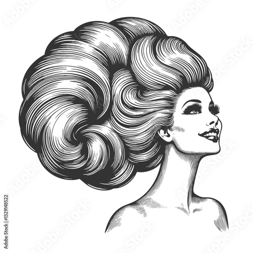 woman with an enormous, intricately curled hairstyle, blending surrealism, elegance, and vintage artistic style sketch engraving generative ai vector illustration. Scratch board. Black and white image