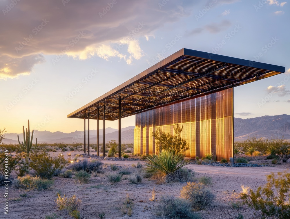 Fototapeta premium Desert Sunset Pavilion for Modern Architecture.