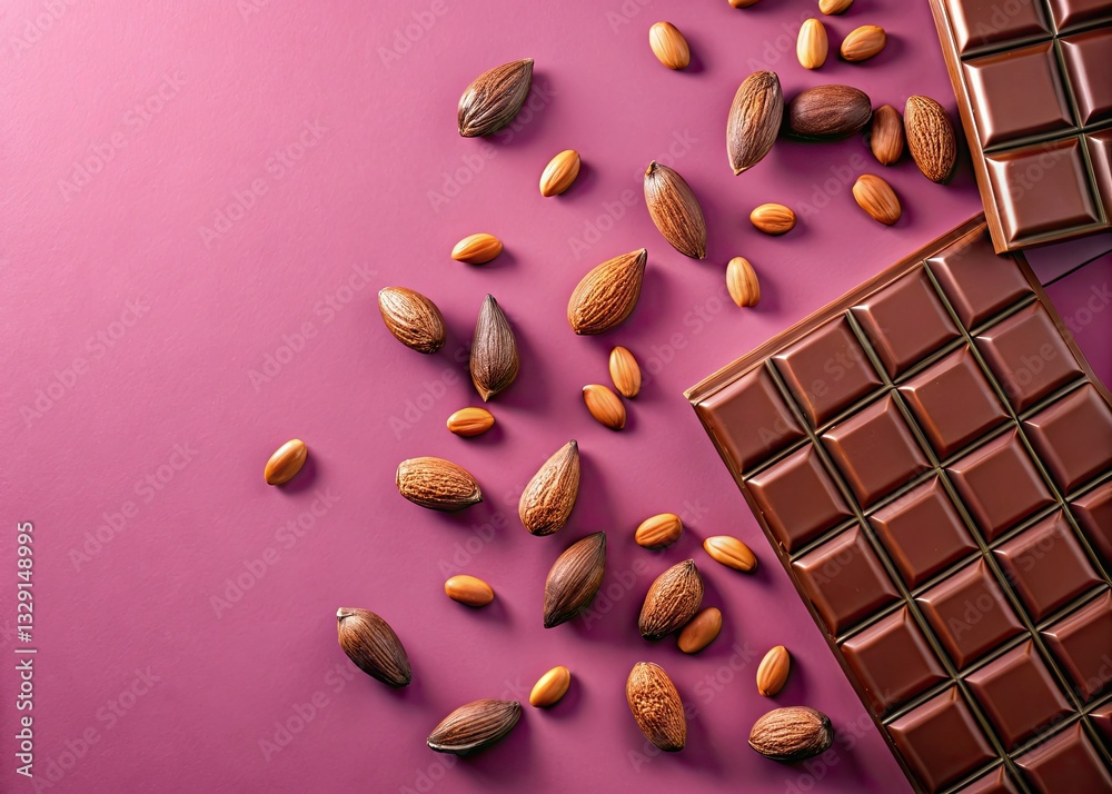 Fototapeta premium Sweet temptation: chocolate-covered almonds adrift on a pink background, beautifully photographed.