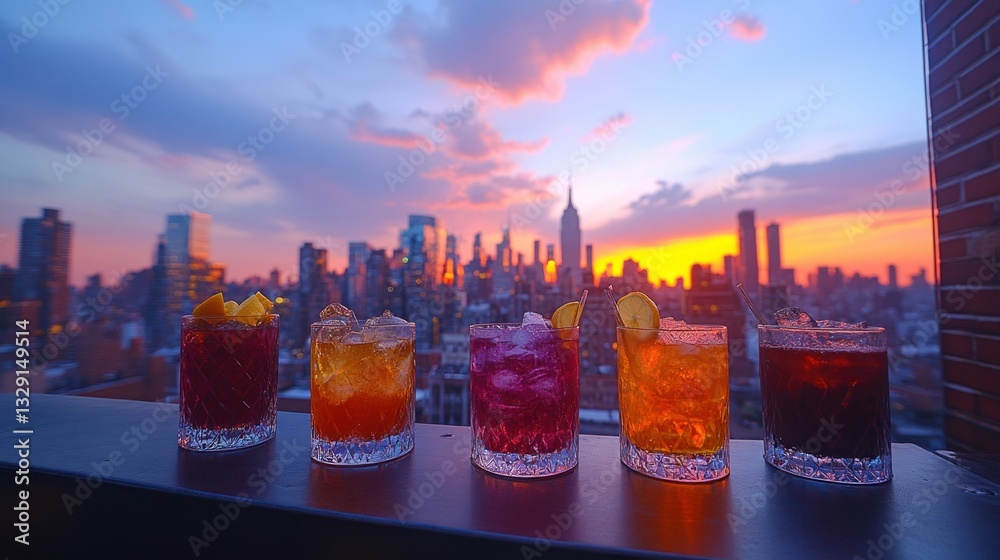 Rooftop cocktails at sunset over NYC skyline