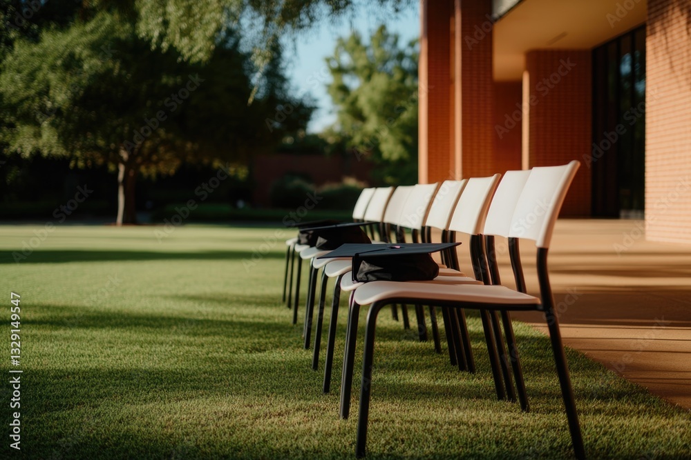 Empty chairs line tranquil green space, bathed in soft sunlight Empty chairs line tranquil green space, bathed in soft sunlight