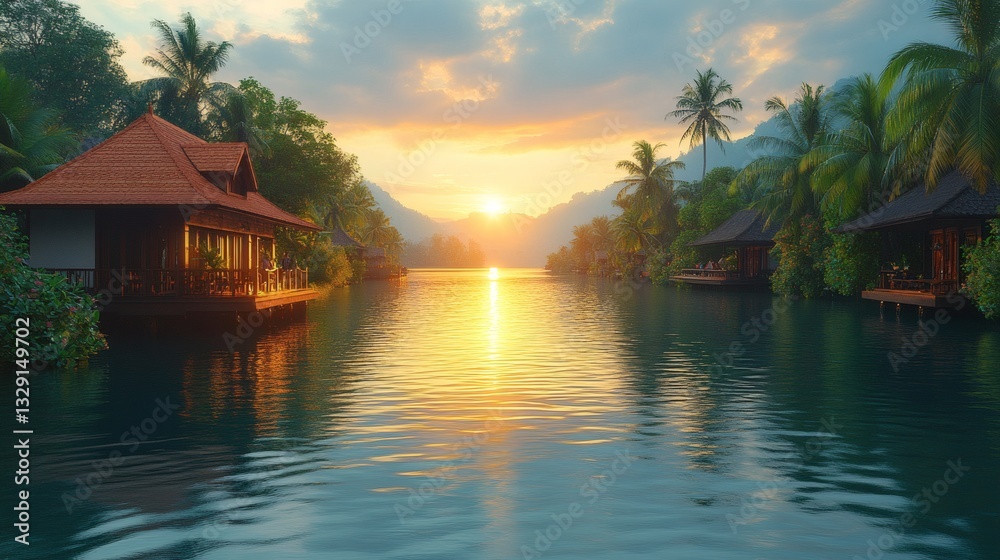 Fototapeta premium a serene tropical paradise at sunset, with waterfront villas, lush vegetation and mountains in the distance