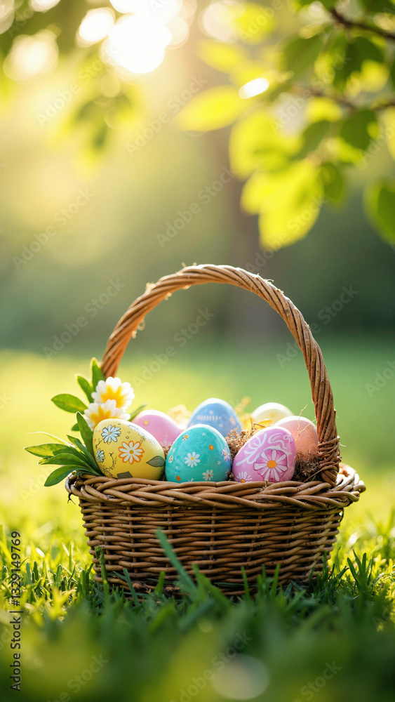 Vibrant Easter Eggs in a Wicker Basket Set in a Sunny Meadow - Perfect for Spring Advertising and Family Gatherings Vibrant Easter Eggs in a Wicker Basket Set in a Sunny Meadow - Perfect for Spring Advertising and Family Gatherings
