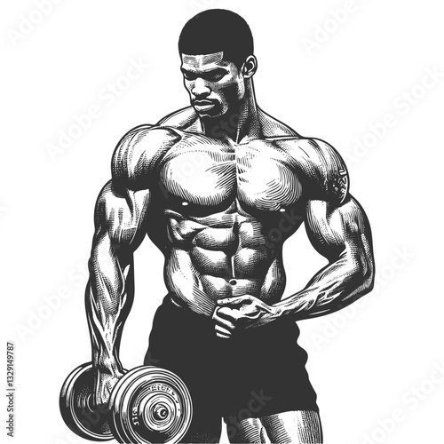 muscular man lifting a dumbbell, symbolizing strength, fitness, bodybuilding, and dedication to training sketch engraving generative ai vector illustration. Scratch board imitation. Black and white.