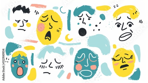 Unique Abstract Comic Faces Depicting Multiple Emotions in a Fun Crayon - Drawn Cartoon and Flat Design Vector Style