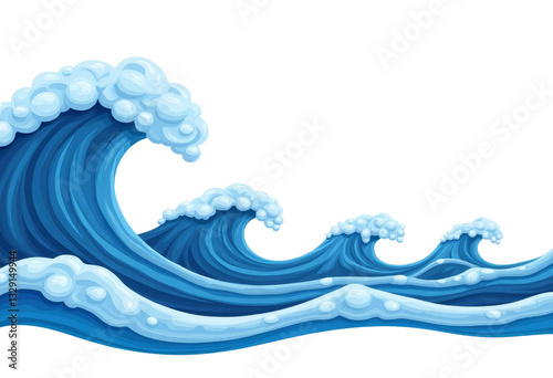 Cartoon Blue Ocean Waves with White Foam, transparent background