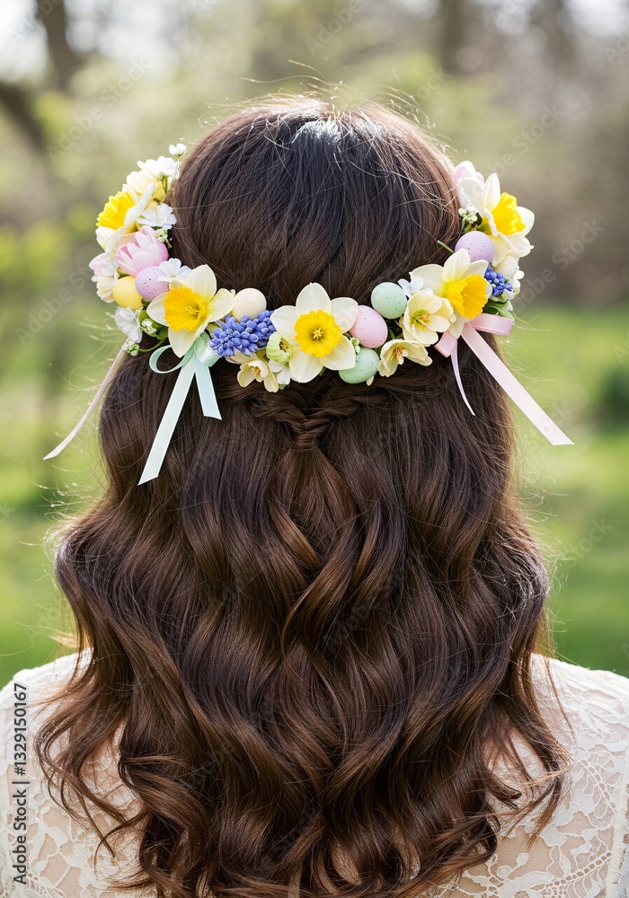Naklejka premium Beautiful Hairstyle with Pastel Flower Crown, easter hairstyle