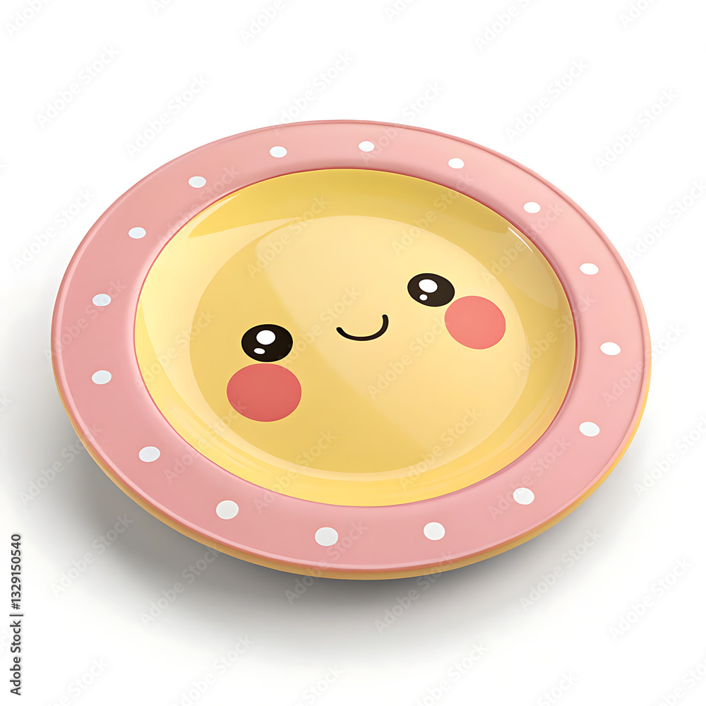 Fototapeta premium A Cheerful Yellow Plate With A Kawaii Sun Face Design, Perfect For Little Ones Mealtimes, Featuring A Pink Rim And White Polka Dots Isolated on Transparent Background
