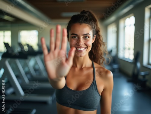 Smiling sportswoman making stop gesture in fitness center Free Download Smiling sportswoman making stop gesture in fitness center - GFXLoad