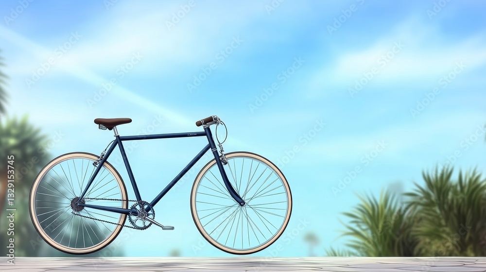 Fototapeta premium Bicycle parked on a walkway with palm trees under sunny blue sky