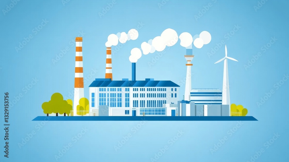 Obraz premium Industrial complex emits smoke, wind turbine generates power against blue sky