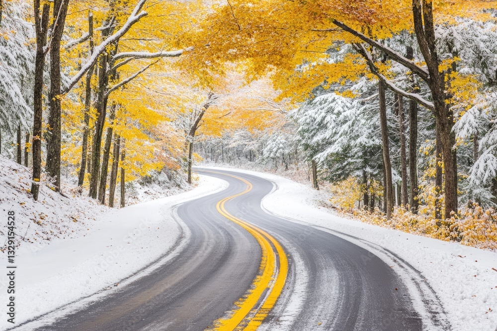 Winding road through a snowy, autumnal forest. A picturesque drive through a landscape of fallen snow and vibrant autumnal foliage Winding road through a snowy, autumnal forest. A picturesque drive through a landscape of fallen snow and vibrant autumnal foliage