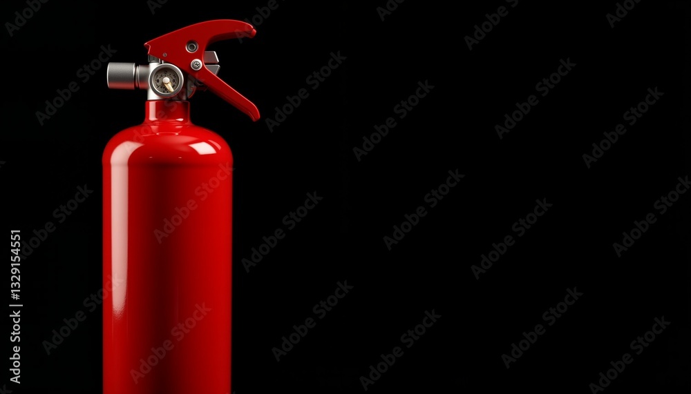 Obraz premium Bright red fire extinguisher in dark space, fire safety concept