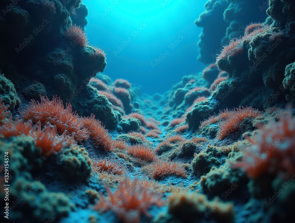 Fototapeta premium Thriving alien ecosystem growing on rocks in a deep sea hydrothermal vent