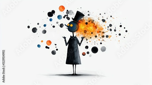 A whimsical character in a top hat orchestrating colorful bursts of creativity, set against a playful background.