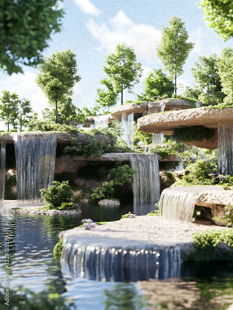 Naklejka premium Serene Waterfall Landscape Peaceful Nature Scene Tranquil Waterfalls Lush Greenery Summer