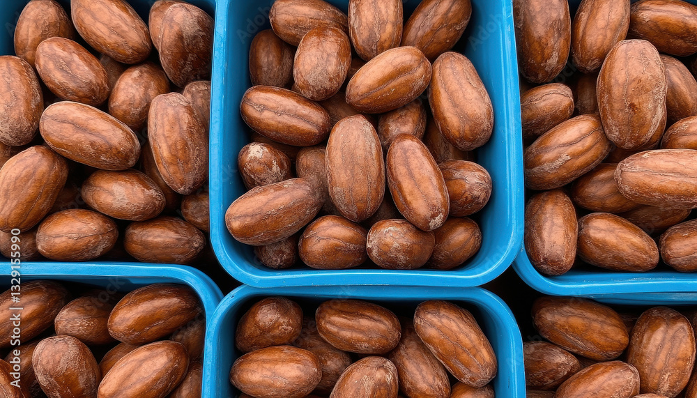 Obraz premium Fresh cocoa pods are displayed in blue containers, showcasing their rich brown color and smooth texture. This vibrant arrangement highlights beauty of cocoa harvesting
