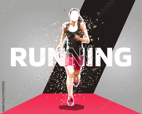 Marathon runner, run graphic design, woman running low polygonal illustration. Sports web banner, healthy lifestyle
