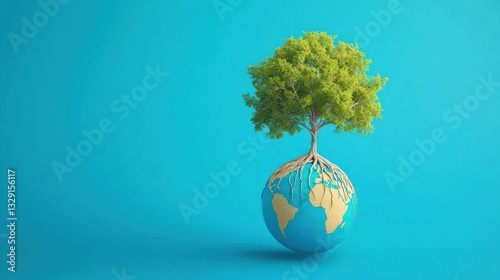 A tree growing from the center of the globe, with roots wrapping around continents.